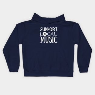 Support Local Music – Classic White Text on Navy Background Kids Hoodie